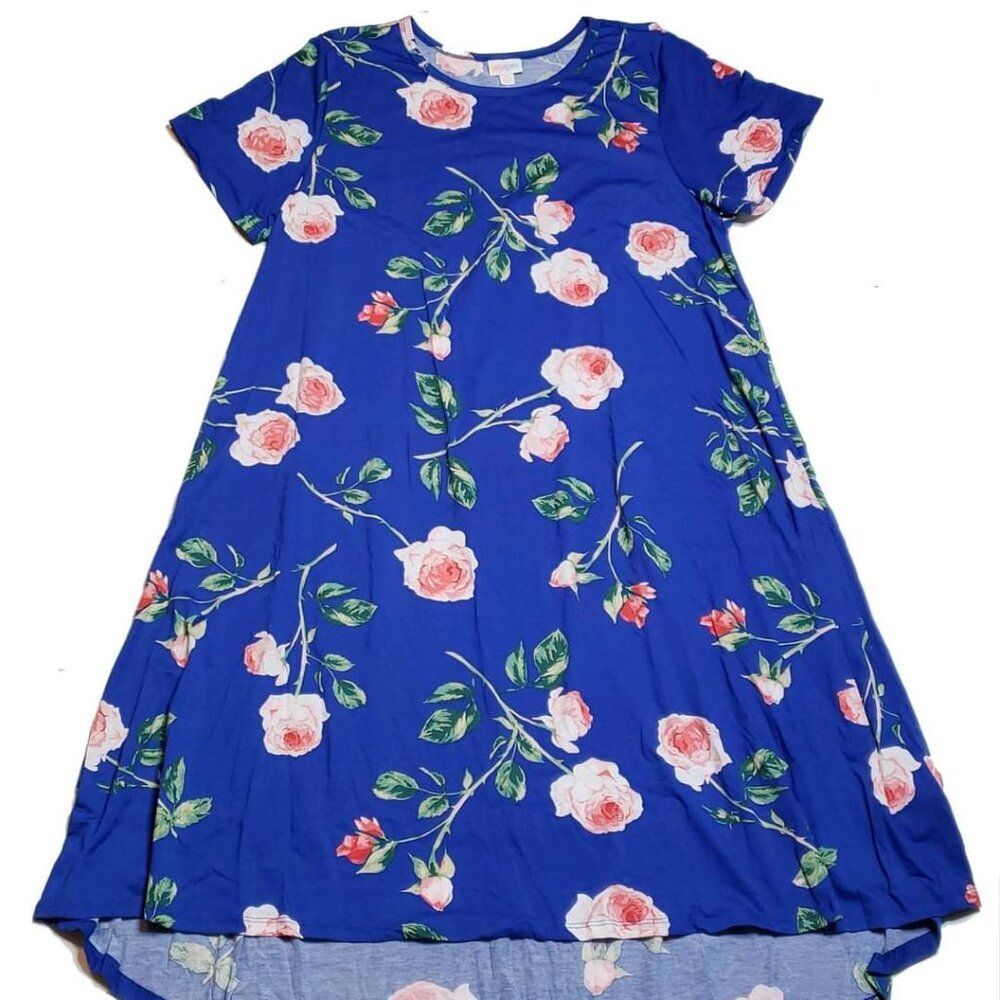 NEW LuLaRoe XL Carly Blue Pink Floral Swing Dress High Low‎ Short Sleeve